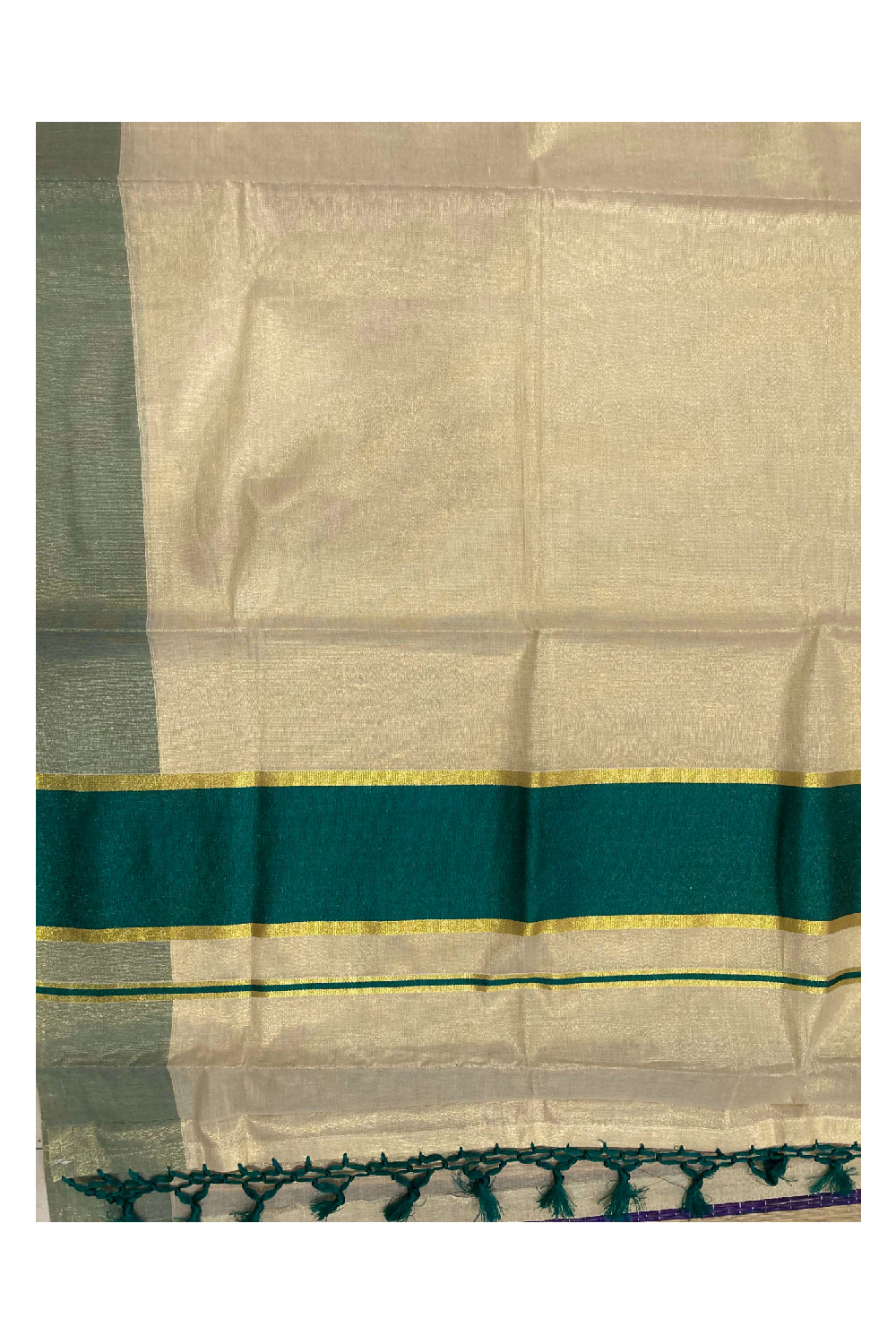 Kerala Kasavu Tissue Saree with Green Border and Tassels