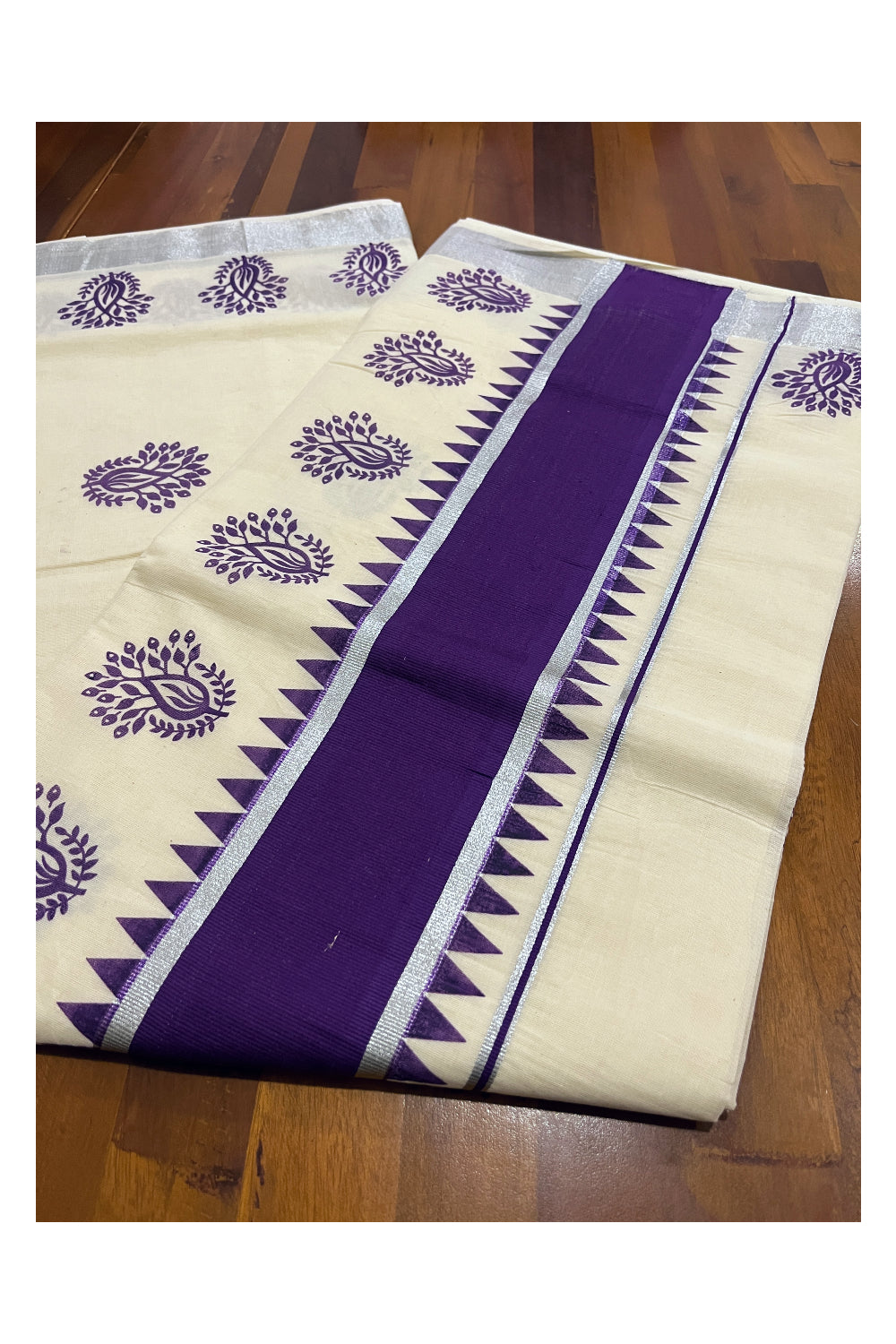 Pure Cotton Kerala Saree with Violet Floral Block Prints and Silver Kasavu Temple Border (Vishu Saree 2023)