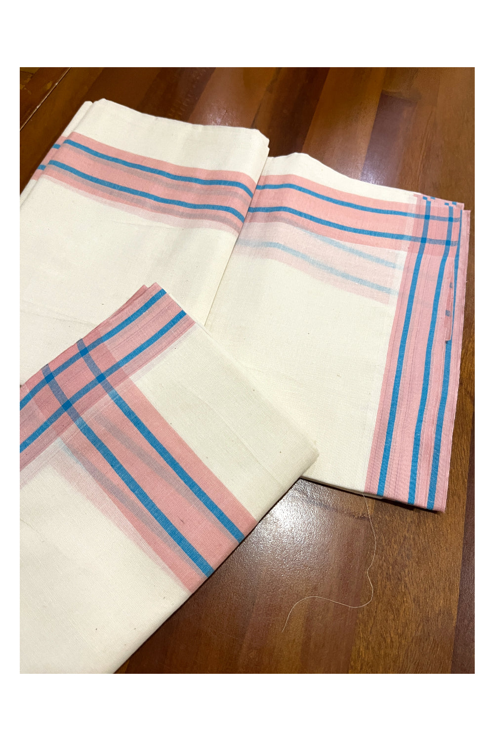 Kerala Cotton Mulloth Mundum Neriyathum Single (Set Mundu) with Peach and Blue Border (Extra Soft Cotton)