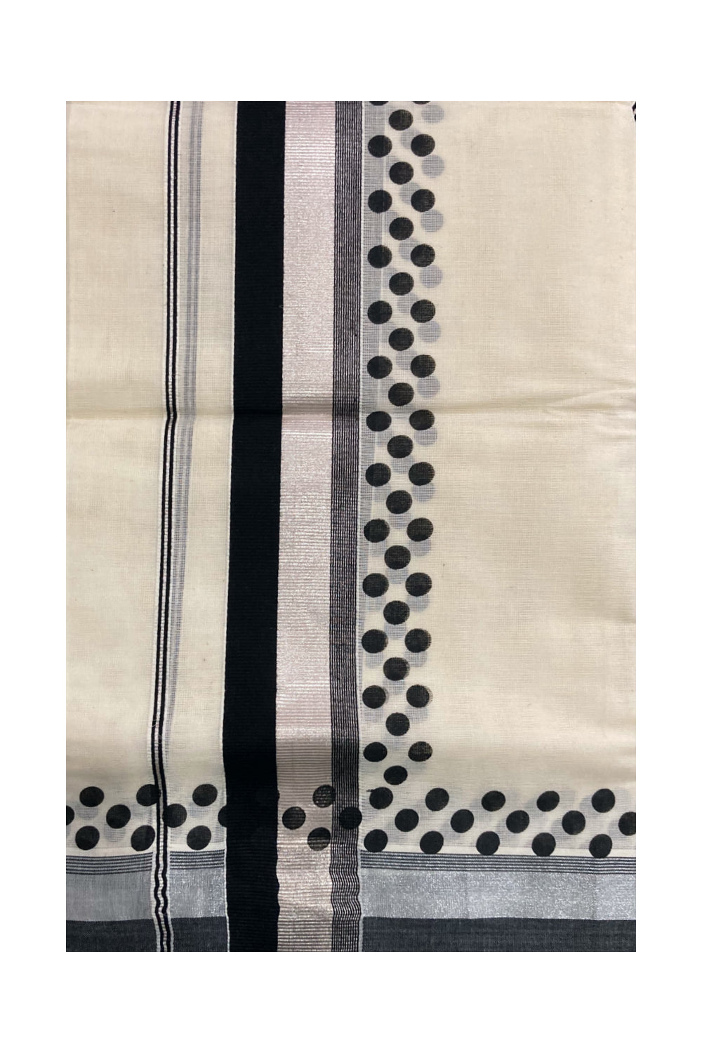 Kerala Cotton Single Mundum Neriyathum (Set Mundu) with Block Prints on Silver Kasavu and Black Border