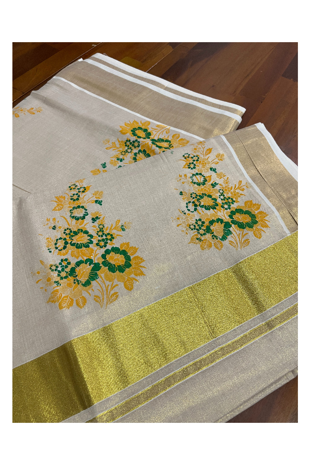 Kerala Tissue Kasavu Saree with Green Floral Block Printed Design