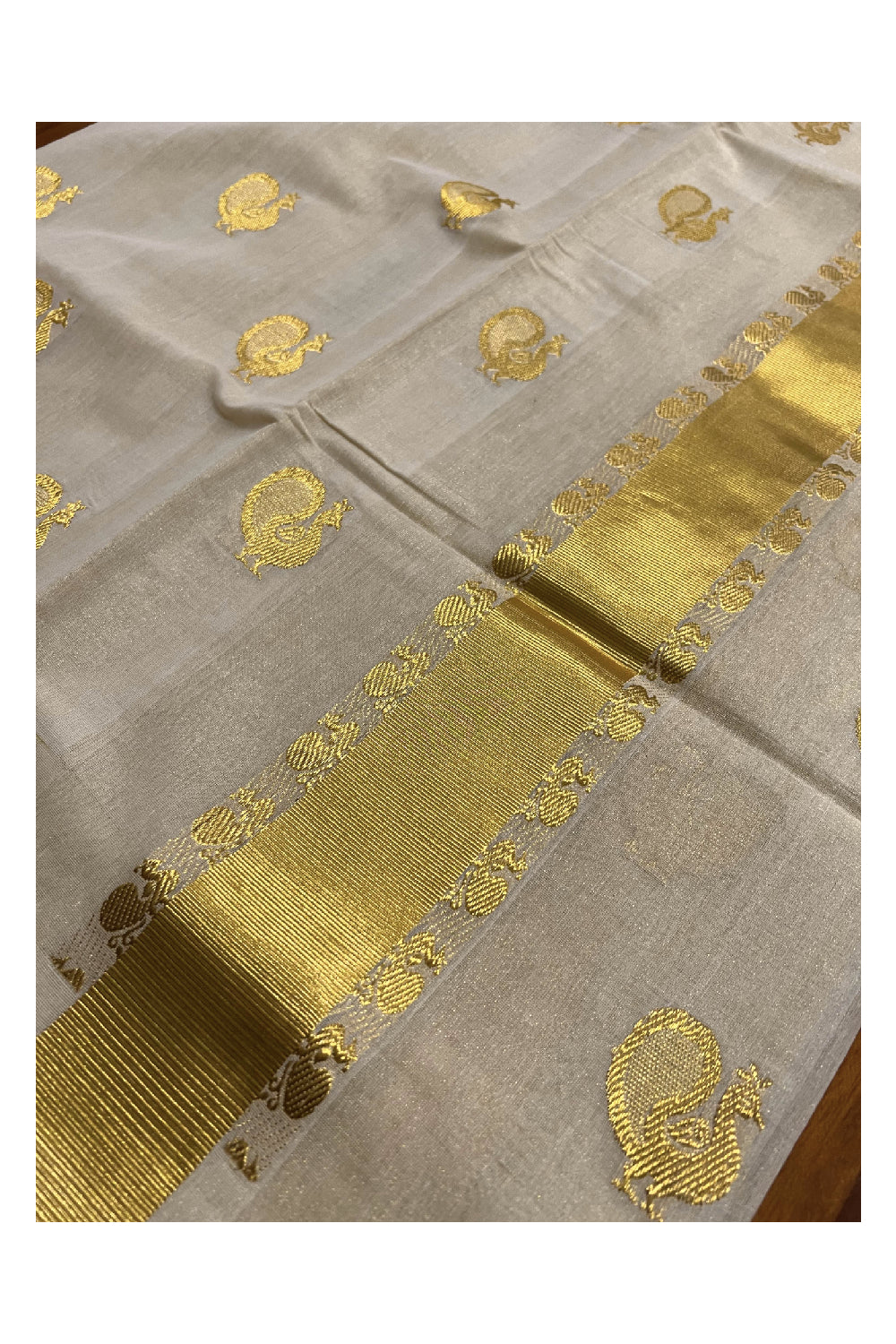 Southloom™ Handloom Tissue Kasavu Churidar Salwar Material with Peacock Woven Work (include Plain Cotton Shawl / Dupatta)