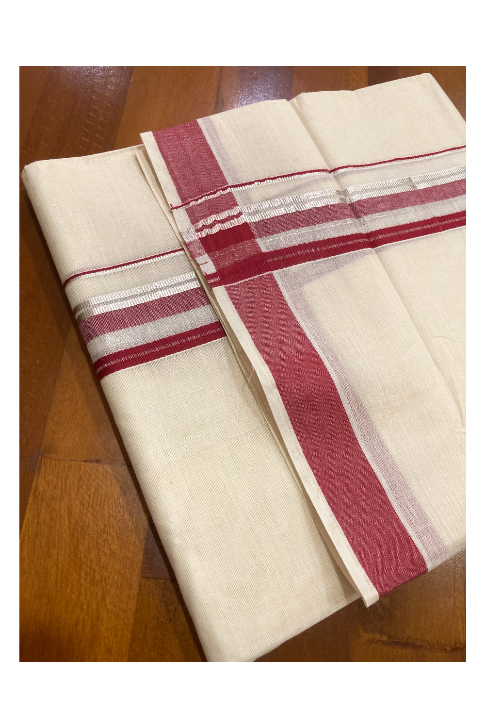 Pure Cotton Double Mundu with Maroon and Silver Kasavu Border (South Indian Dhoti)