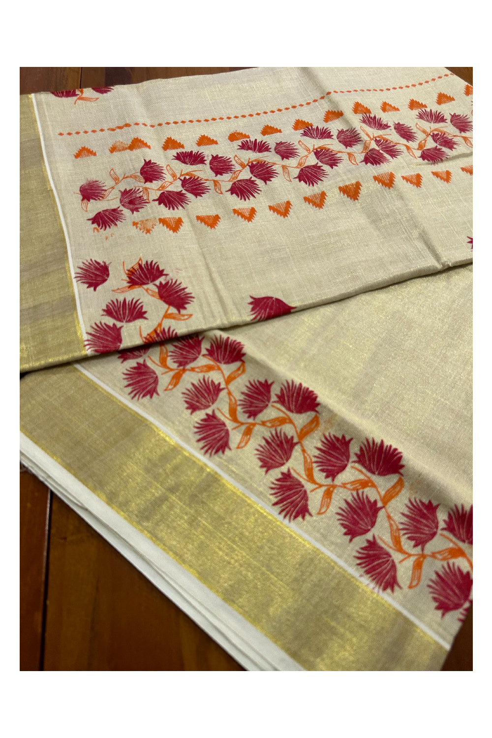 Kerala Tissue Kasavu Saree with Orange Red Floral Block Printed Design Border