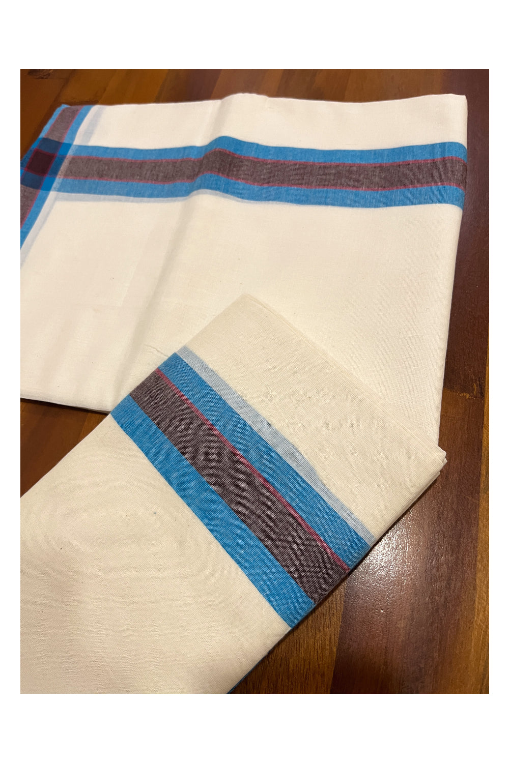 Kerala Cotton Mundum Neriyathum Single (Set Mundu) with Blue and Brown Mulloth Border (Extra Soft Cotton)