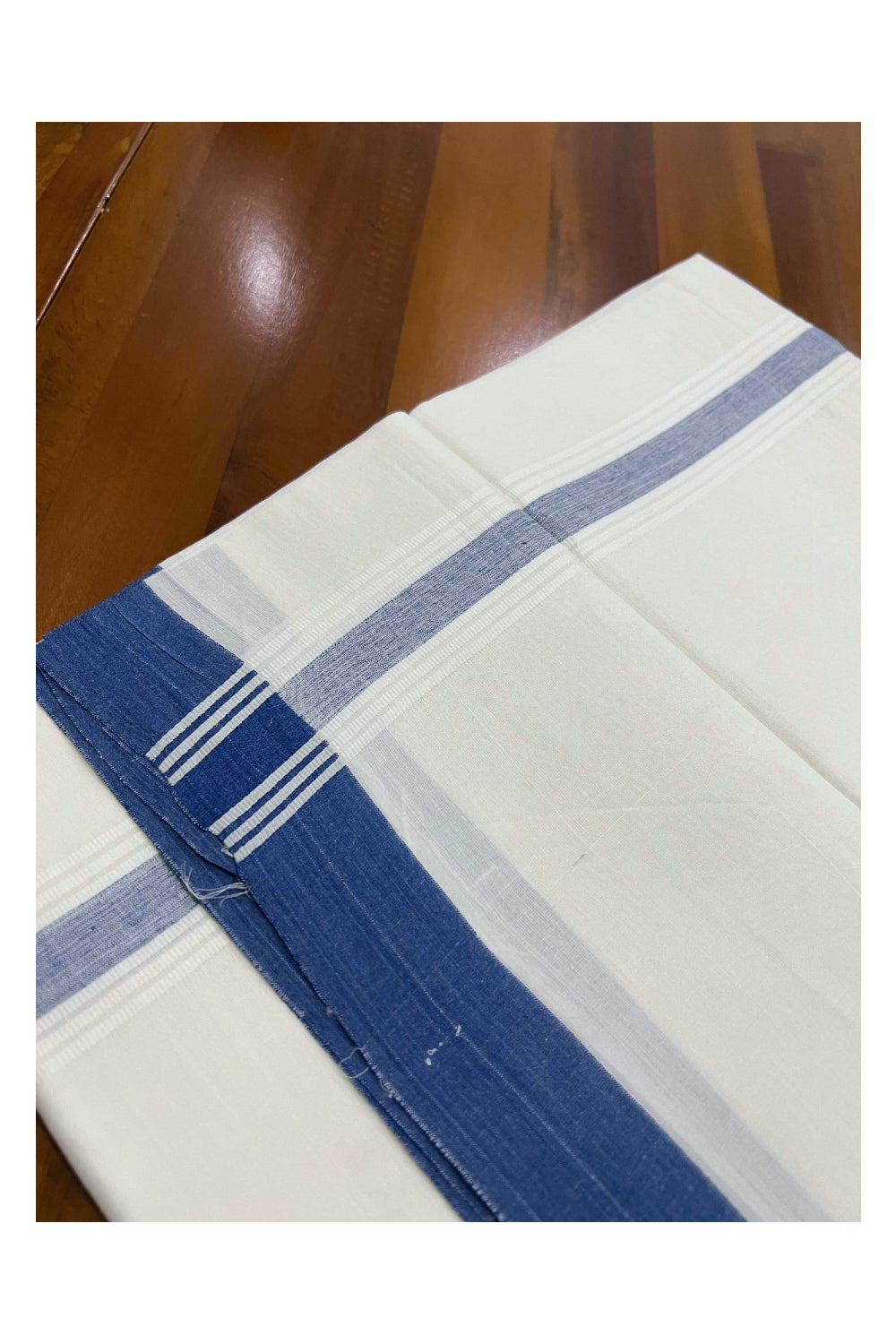 Pure White Cotton Mundu with Blue and White Kara (South Indian Dhoti)