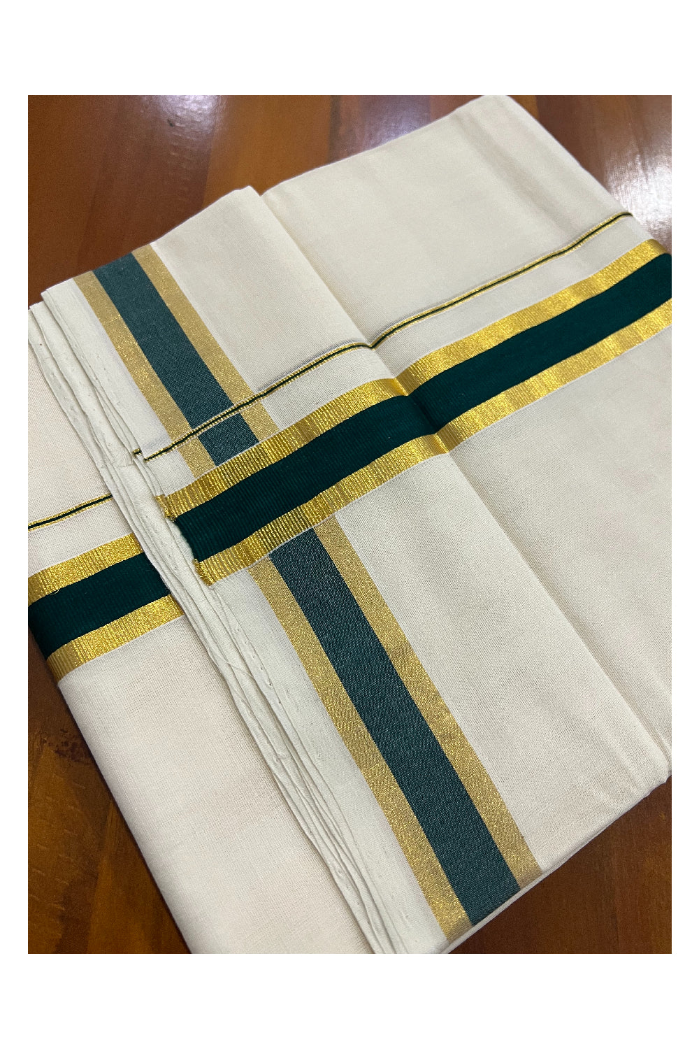 Southloom Balaramapuram Handloom Pure Cotton Mundu with Dark Green and Kasavu Border (South Indian Dhoti)