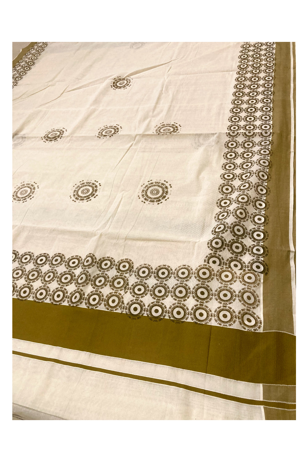 Pure Cotton Kerala Saree with Olive Brown Block Prints on Border and Pallu