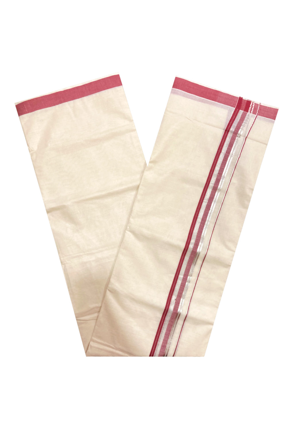 Pure Cotton Double Mundu with Maroon and Silver Kasavu Border (South Indian Dhoti)