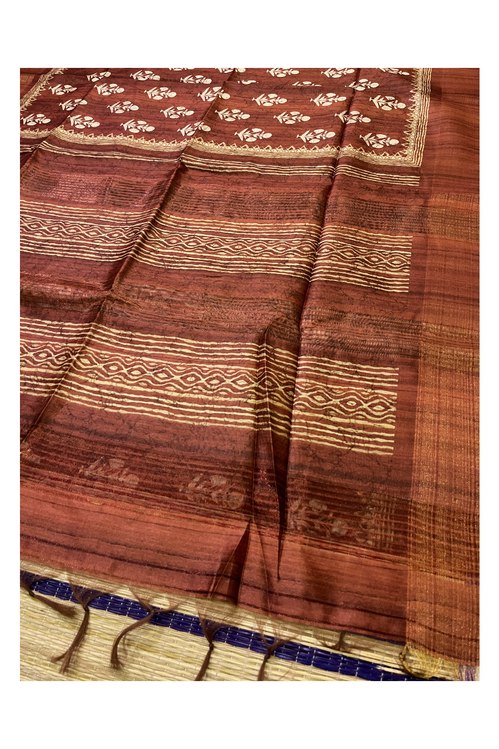 Southloom Semi Tussar Brick Red Floral Printed Designer Saree