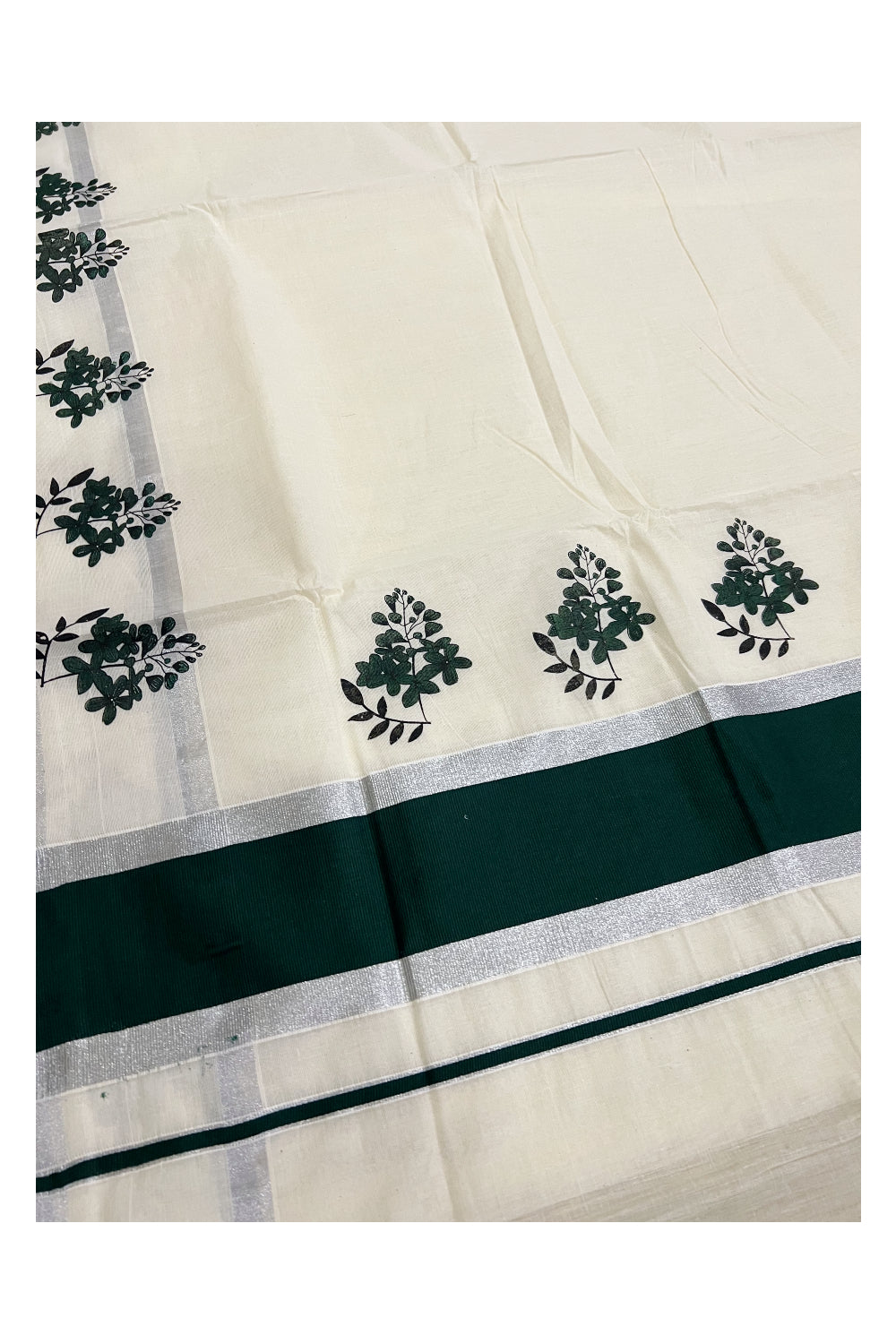 Pure Cotton Kerala Silver Kasavu Saree with Dark Green Floral Block Printed Border