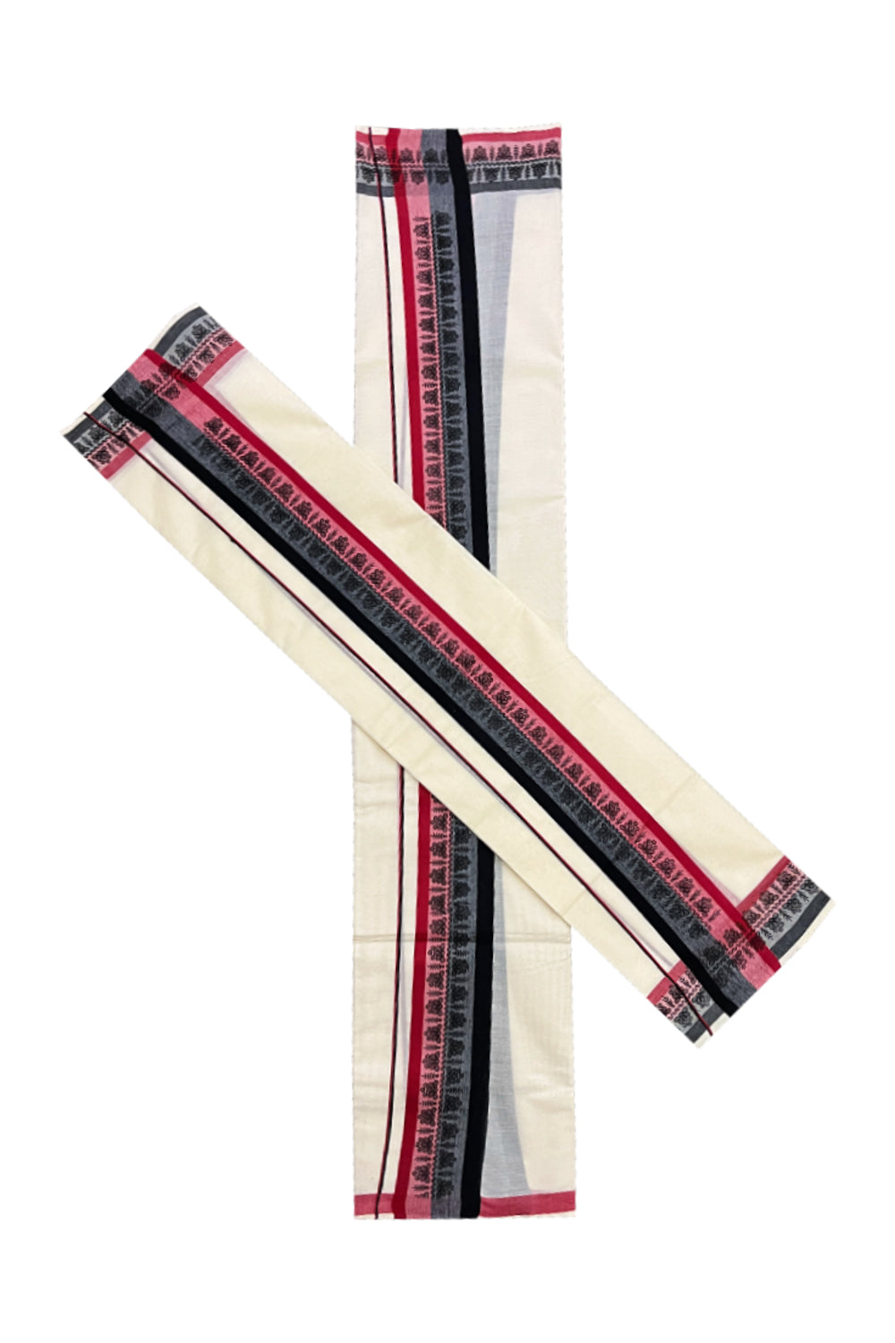 Kerala Cotton Single Set Mundu (Mundum Neriyathum) with Red Black Floral Block Prints on Border