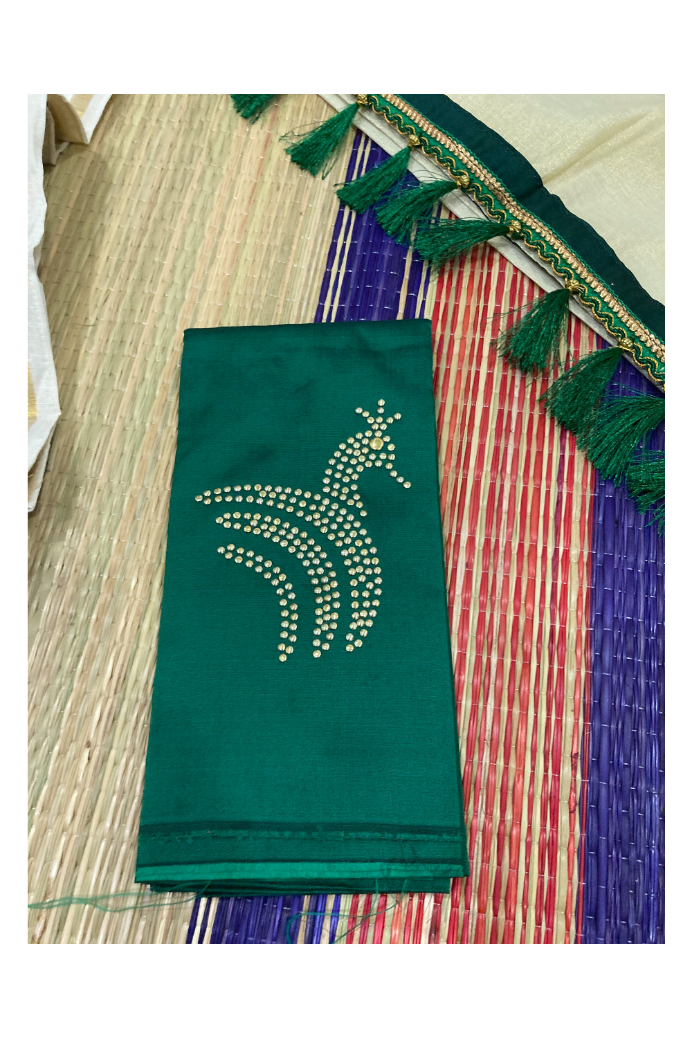 Kerala Cotton Semi Stitched Dhavani Set with Lines Work Pavada and Green Blouse Piece