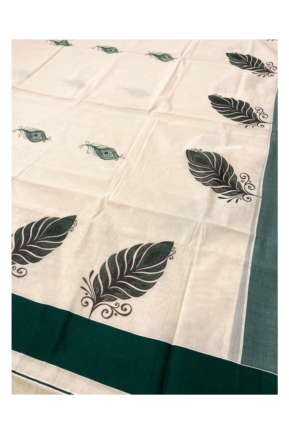 Pure Cotton Kerala Saree with Feather Block Printed Design and Dark Green Border