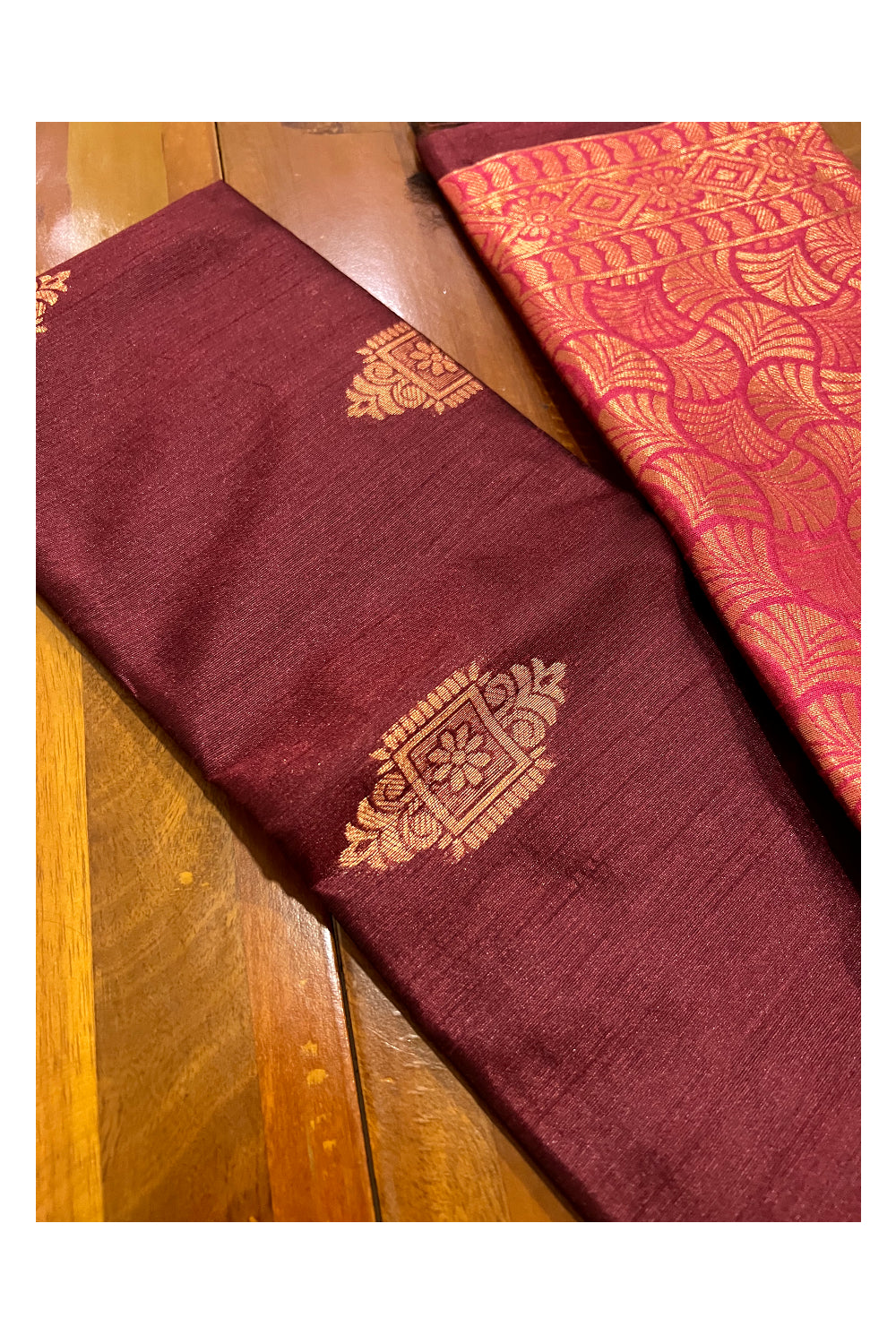 Southloom Maroon Semi Silk Designer Saree with Copper Kasavu Woven Works on Body