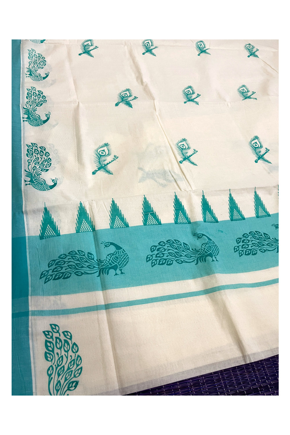 Pure Cotton Kerala Saree with Turquoise Peacock Temple Block Printed Border (Onam Saree 2023)