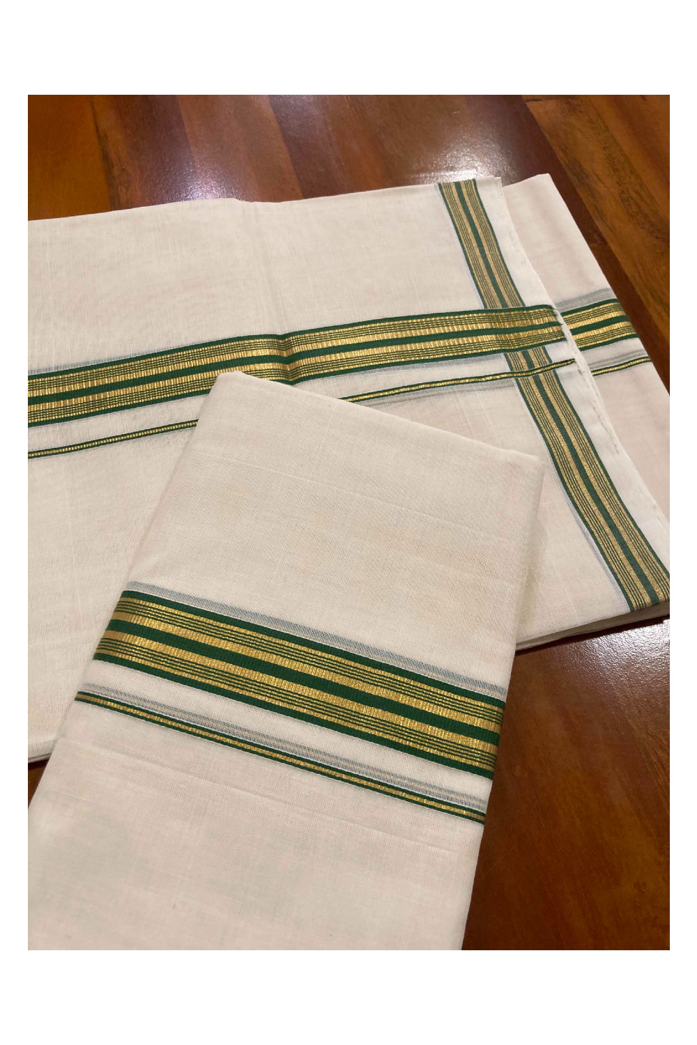 Southloom Premium Handloom Set Mundu with Kasavu and Green Border