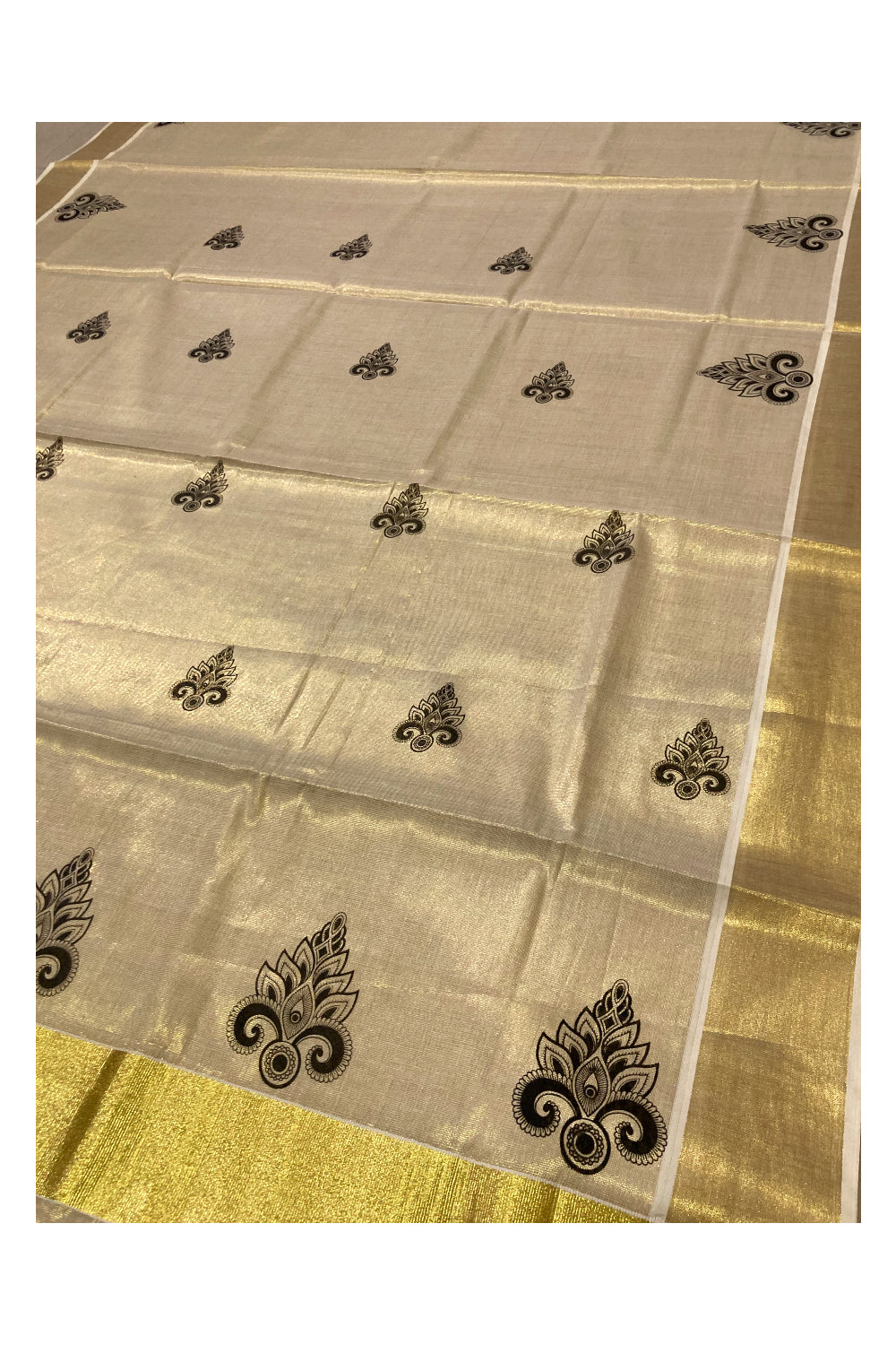 Kerala Tissue Kasavu Saree with Black Block Printed Design