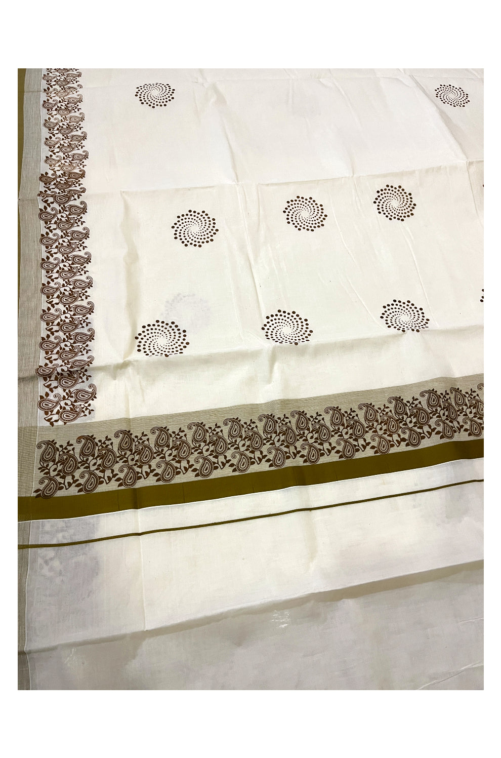 Pure Cotton Off White Kerala Saree with Brown Paisley Block Prints on Border