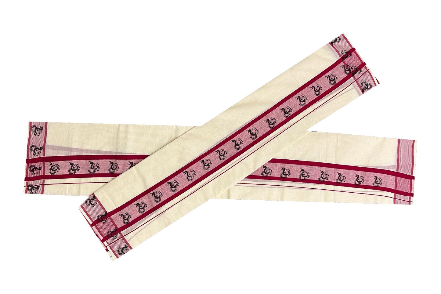 Kerala Cotton Set Mundu (Mundum Neriyathum) with Black Block Prints on Dark Red Border