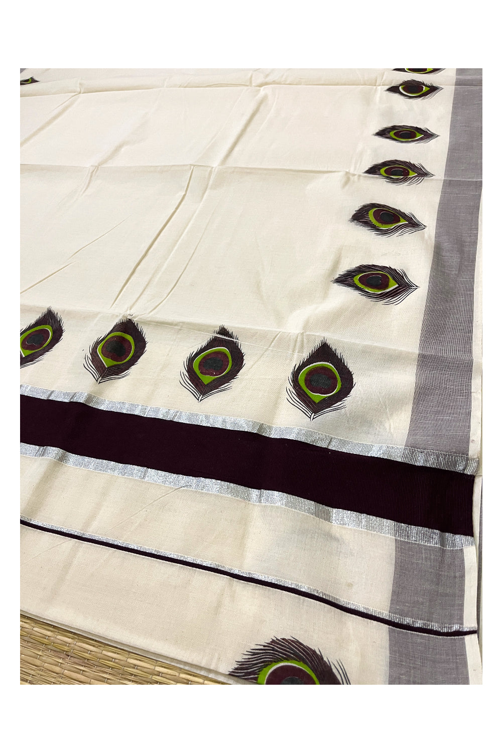 Pure Cotton Silver Kasavu and Dark Brown Border Kerala Saree with Feather Block Printed Design