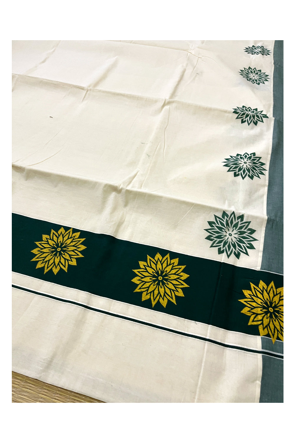 Pure Cotton Kerala Saree with Golden Block Prints on Green Pallu