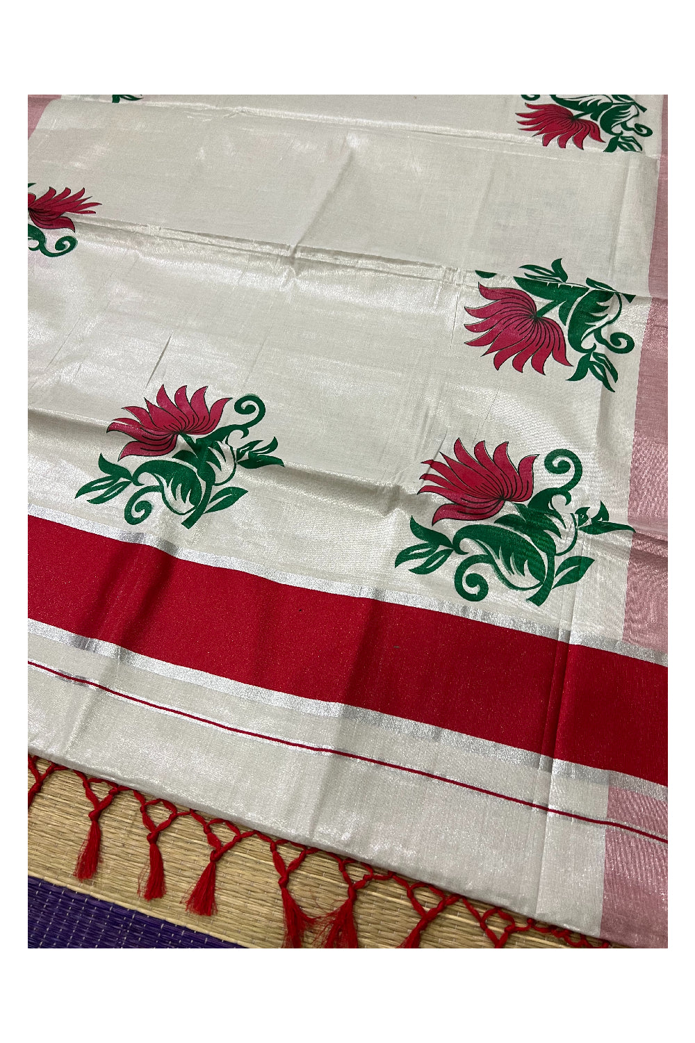 Kerala Tissue Kasavu Saree with Red Green Mural Floral Design and Tassels on Pallu