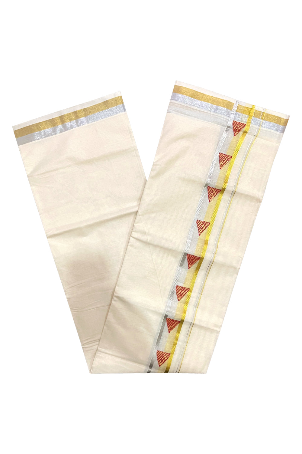 Off White Pure Cotton Double Mundu with Red Mural Hand Painted Design on Silver and Golden Kasavu Kara (South Indian Dhoti)