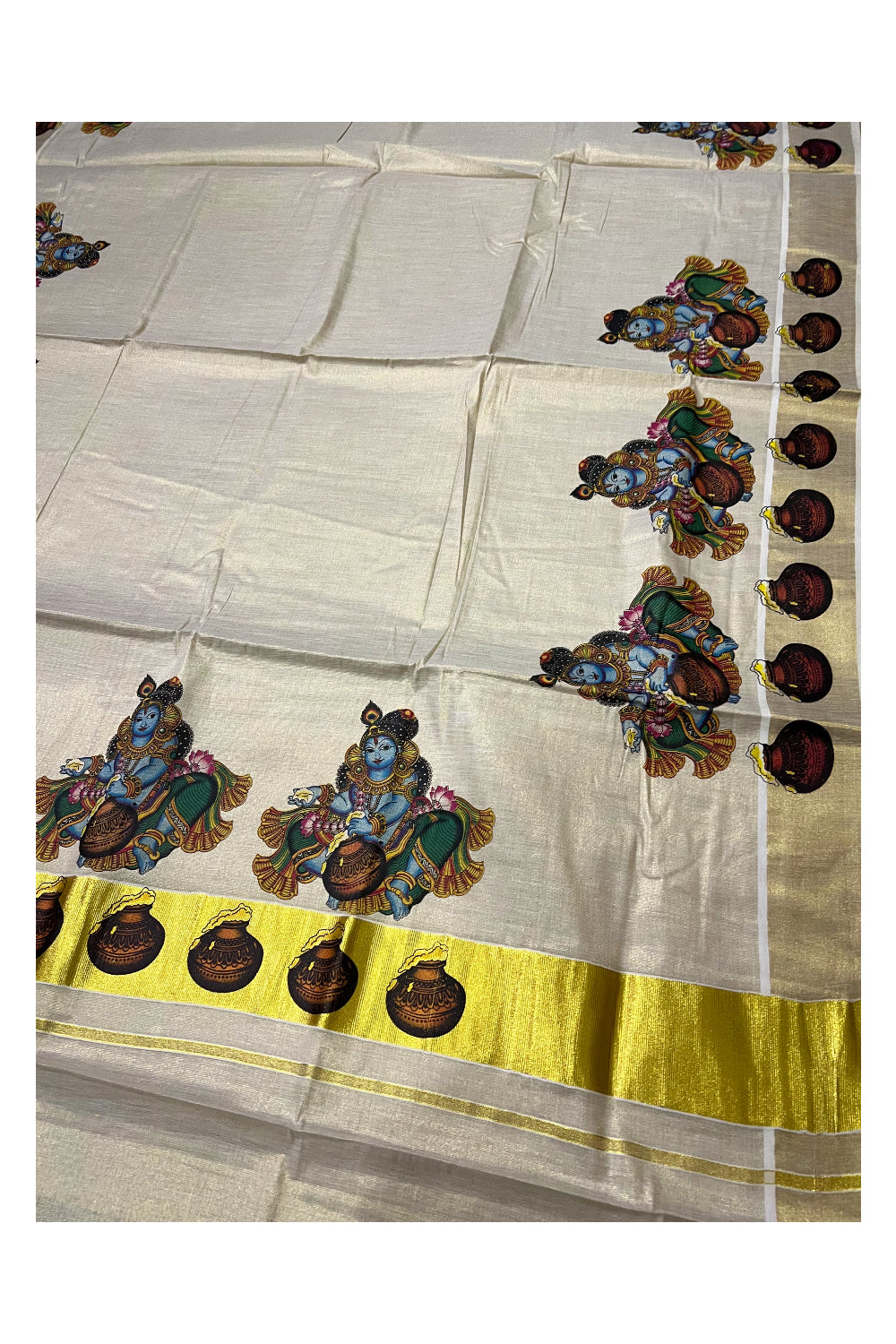 Kerala Tissue Kasavu Saree With Mural Printed Lord Krishna Design and Butter Pot Works on Border