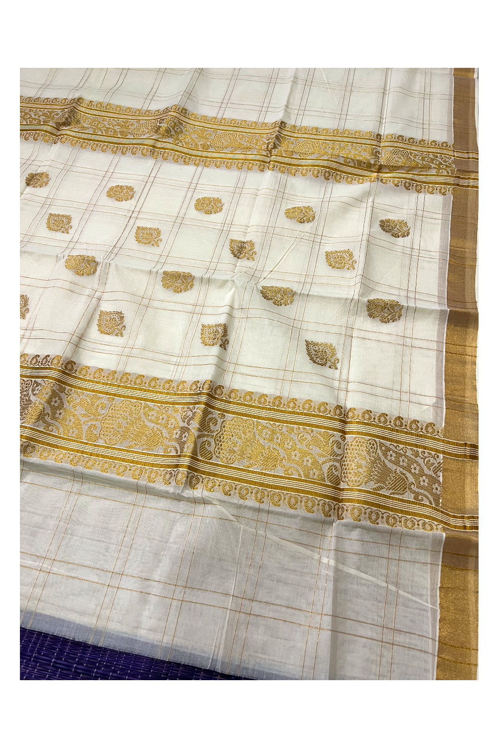 Pure Cotton Kerala Kasavu Checkered Heavy Work Saree with Floral Design