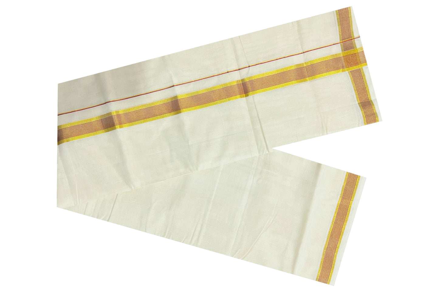 Southloom Kuthampully Handloom Pure Cotton Mundu with Golden and Red Kasavu Border (South Indian Dhoti)