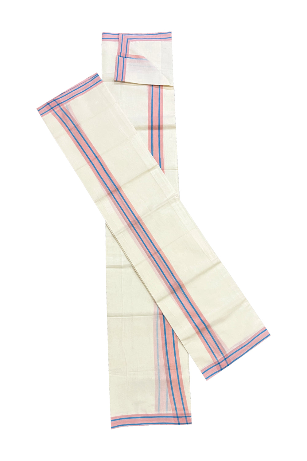 Kerala Cotton Mulloth Mundum Neriyathum Single (Set Mundu) with Peach and Blue Border (Extra Soft Cotton)