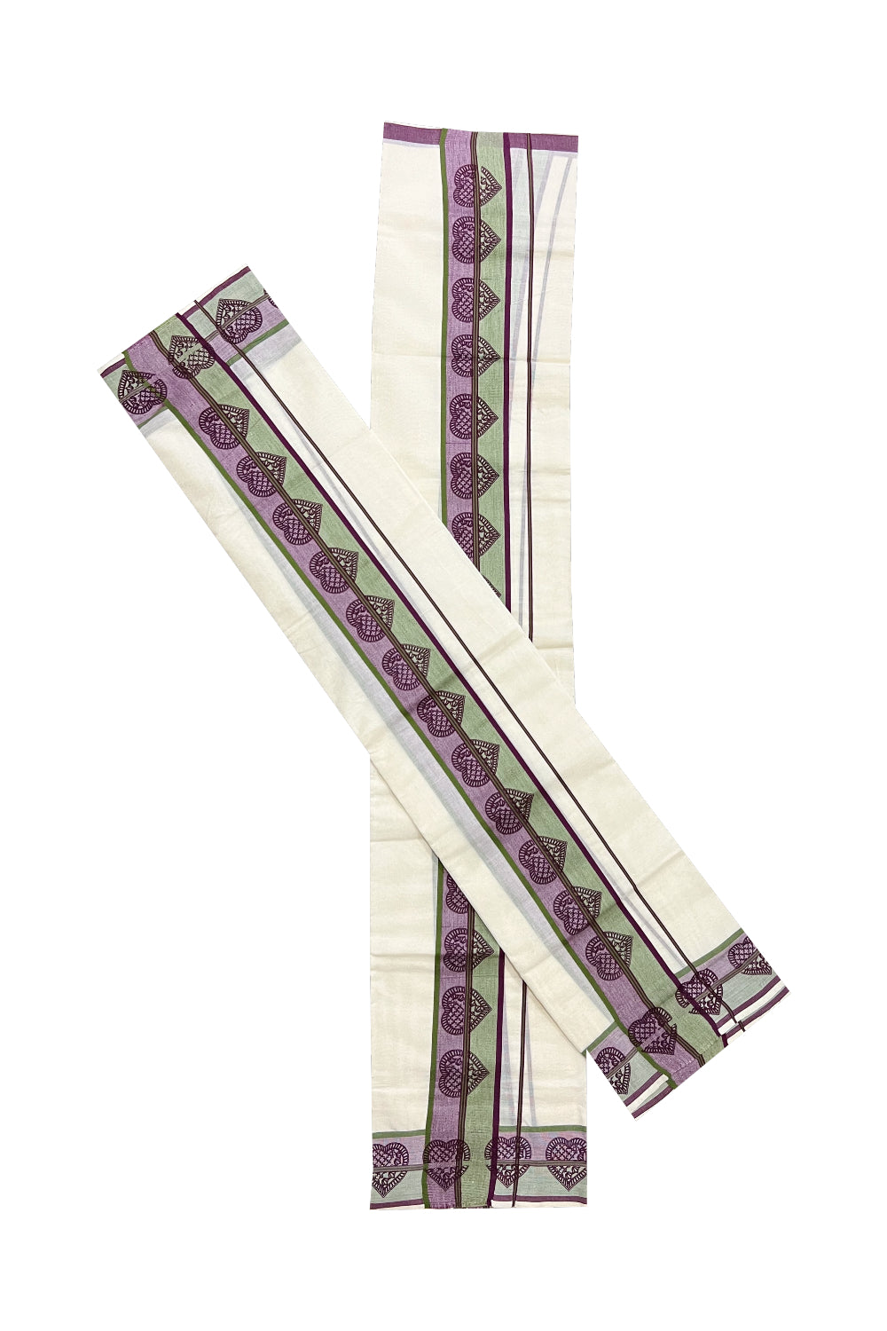 Kerala Cotton Set Mundu (Mundum Neriyathum) with Block Prints on Green and Purple Border