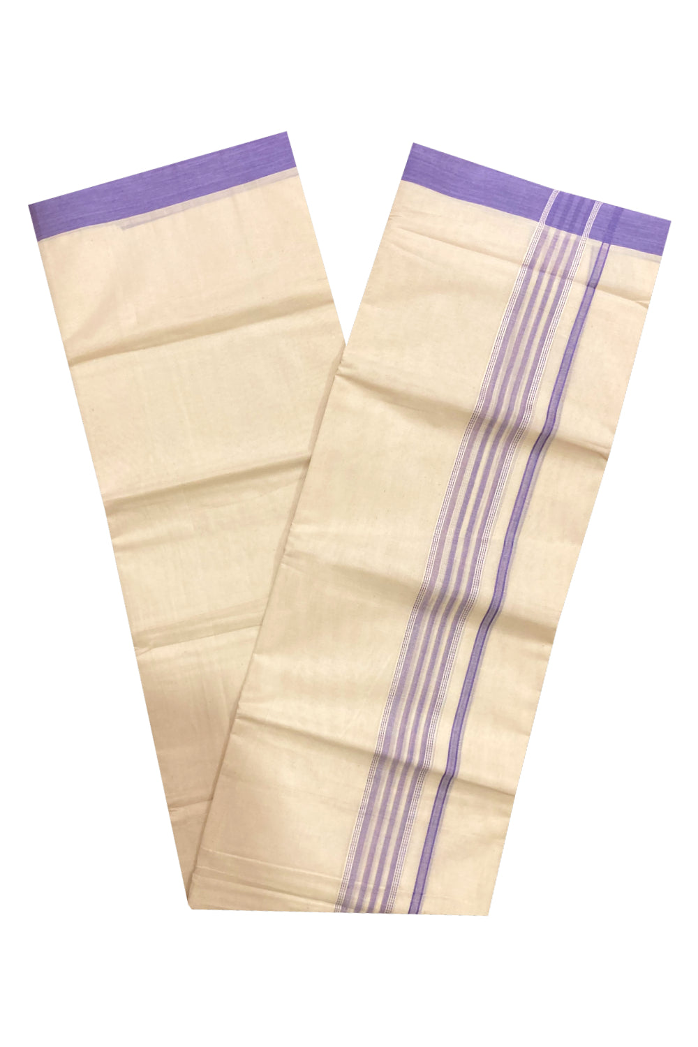 Off White Kerala Double Mundu with Violet Lines Border (South Indian Kerala Dhoti)