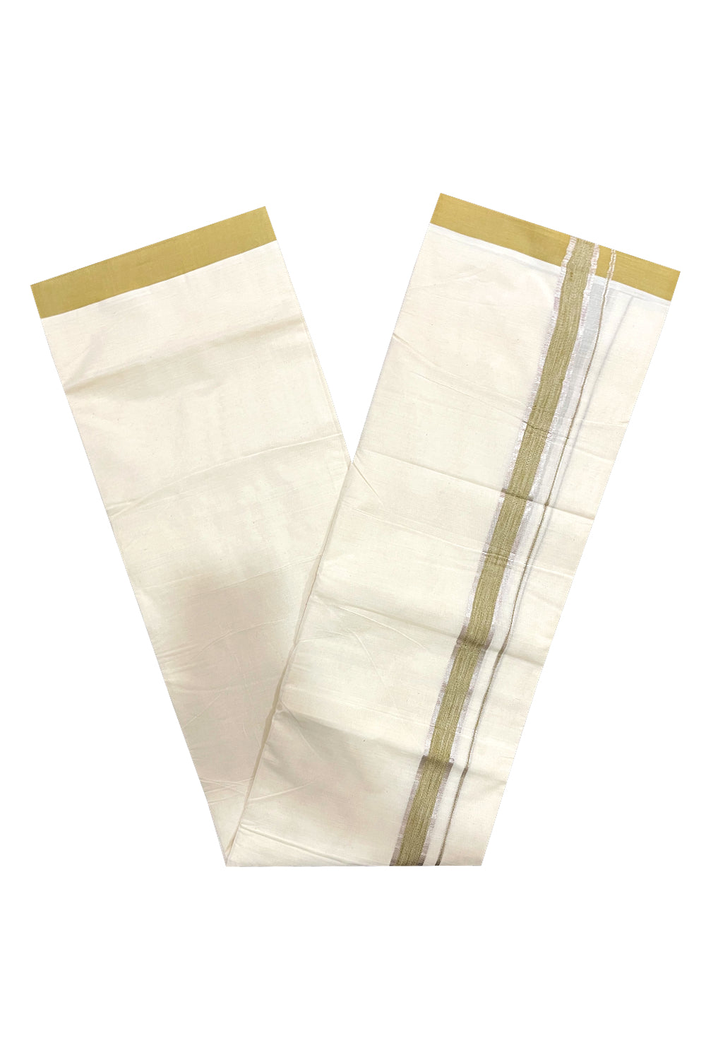 Pure Cotton Off White Double Mundu with Silver Kasavu and Green Border (South Indian Dhoti)