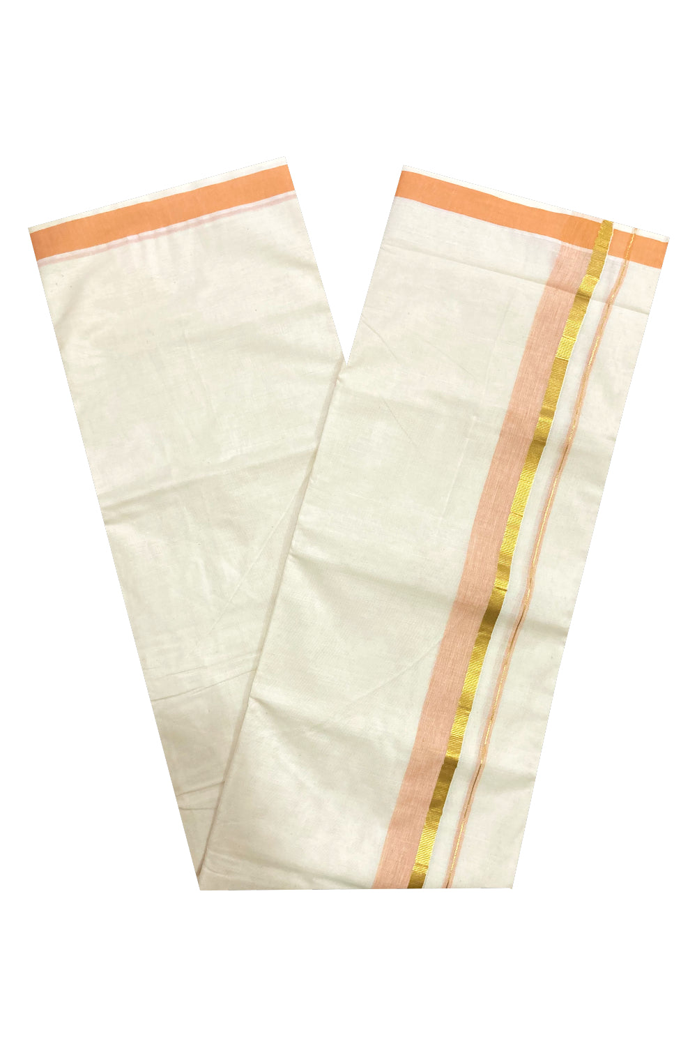 Pure Cotton Off White Double Mundu with Orange and Kasavu Border (South Indian Dhoti)