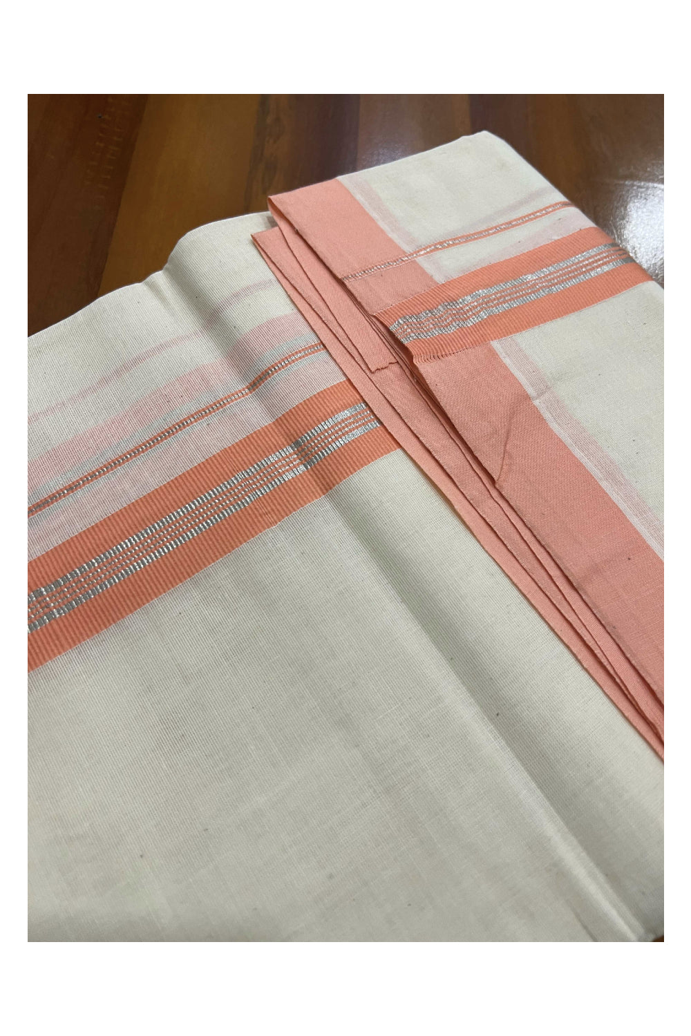 Off White Pure Cotton Double Mundu with SIlver Kasavu and Dark Peach Kara (South Indian Dhoti)