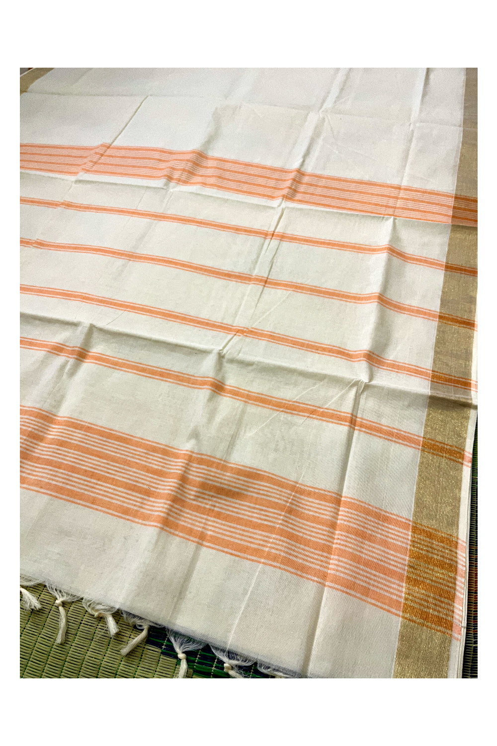 Pure Cotton Off White Kerala Saree with Orange Pallu and Lines Design Running Blouse Piece (Onam Saree 2023)