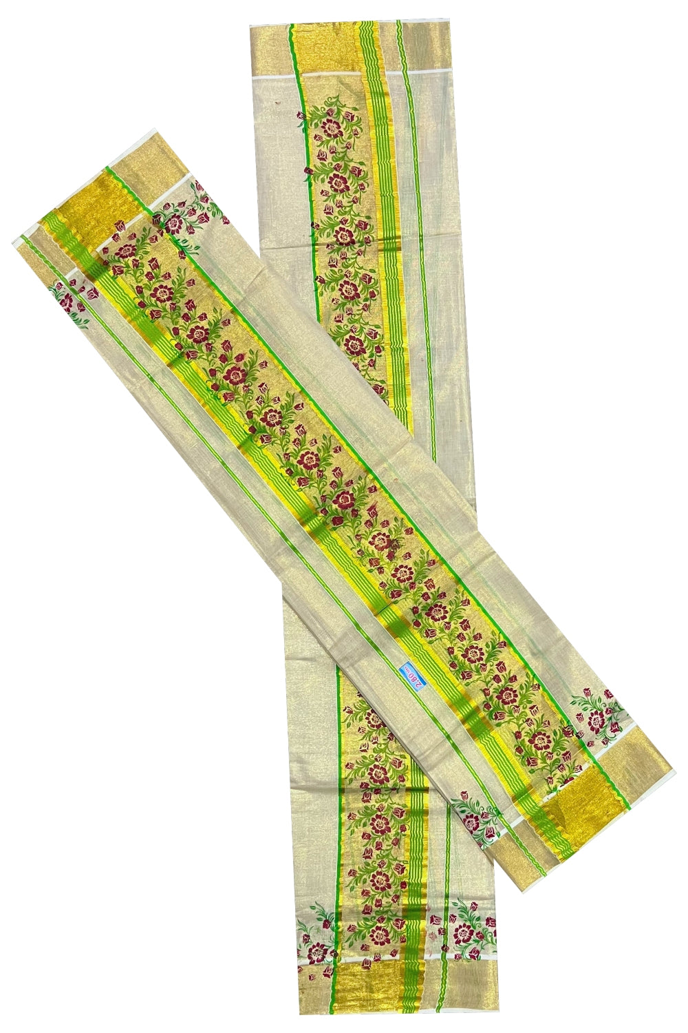 Kerala Tissue Kasavu Set Mundu (Mundum Neriyathum) with Light Green Red Floral Block Prints on Border