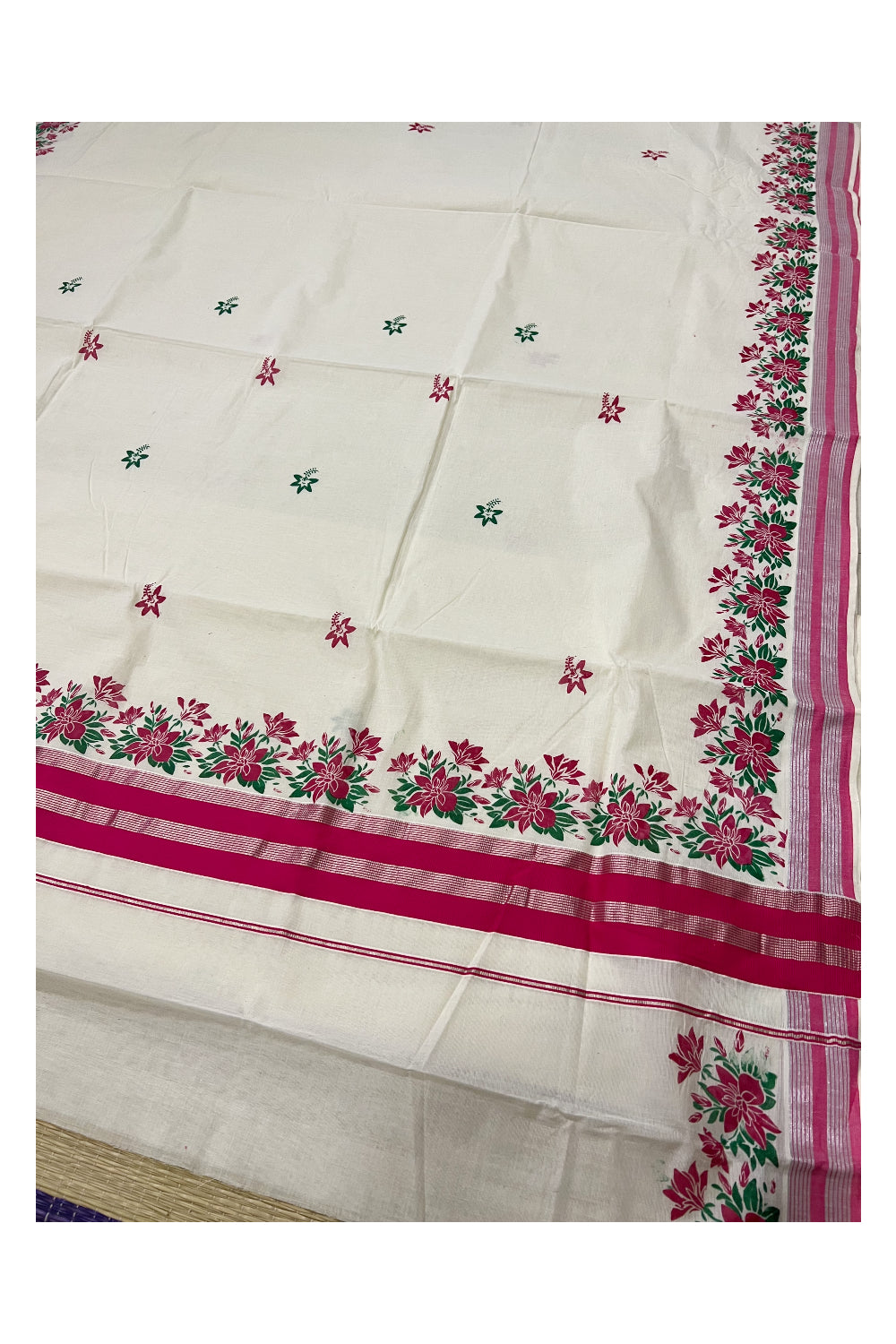 Pure Cotton Kerala Silver Kasavu Saree with Pink and Green Floral Block Printed Design