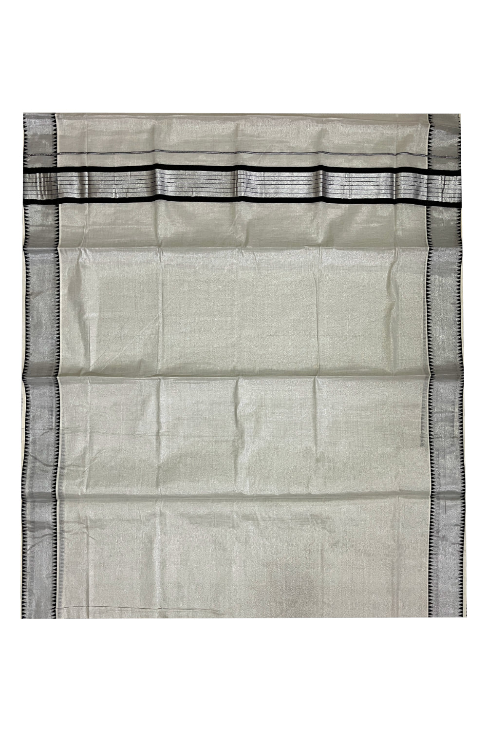 Kerala Silver Tissue Kasavu Saree with Black Temple Designs Across Border