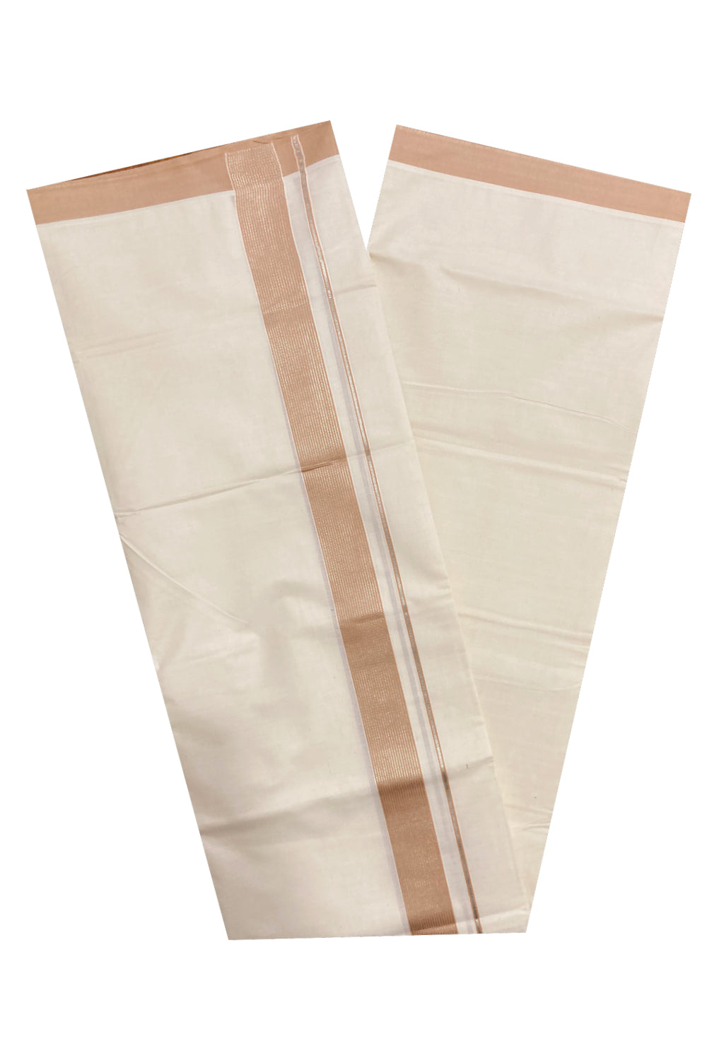 Off White Kerala Double Mundu with Silver Kasavu and Beige Line Border (South Indian Dhoti)