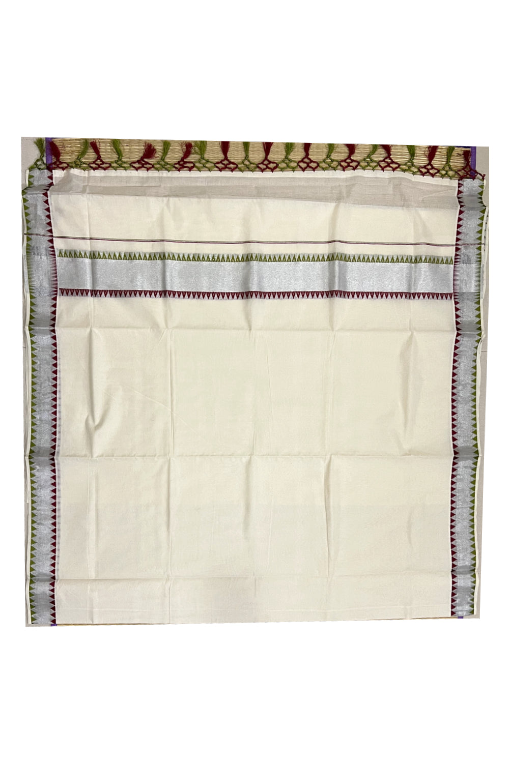 Pure Cotton Kerala Saree with Silver Kasavu and Green Maroon Woven Temple Border