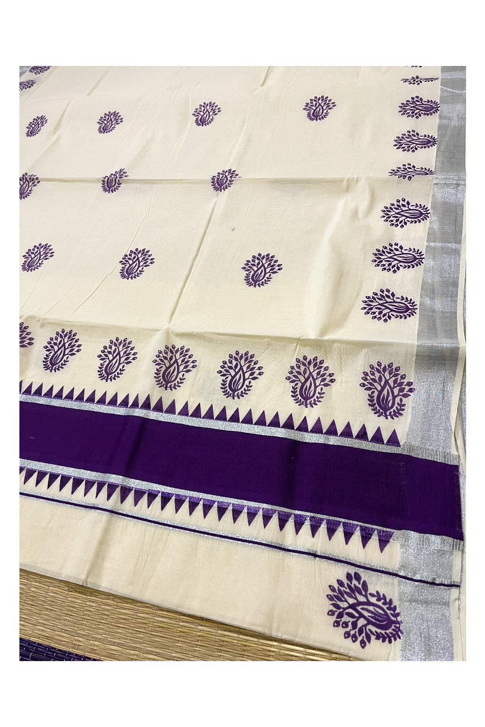 Pure Cotton Kerala Saree with Violet Floral Block Prints and Silver Kasavu Temple Border (Vishu Saree 2023)