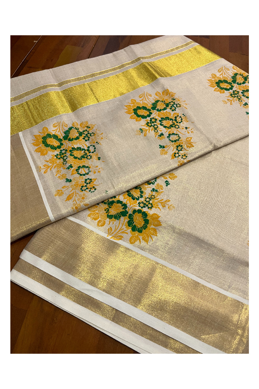 Kerala Tissue Kasavu Saree with Green Floral Block Printed Design