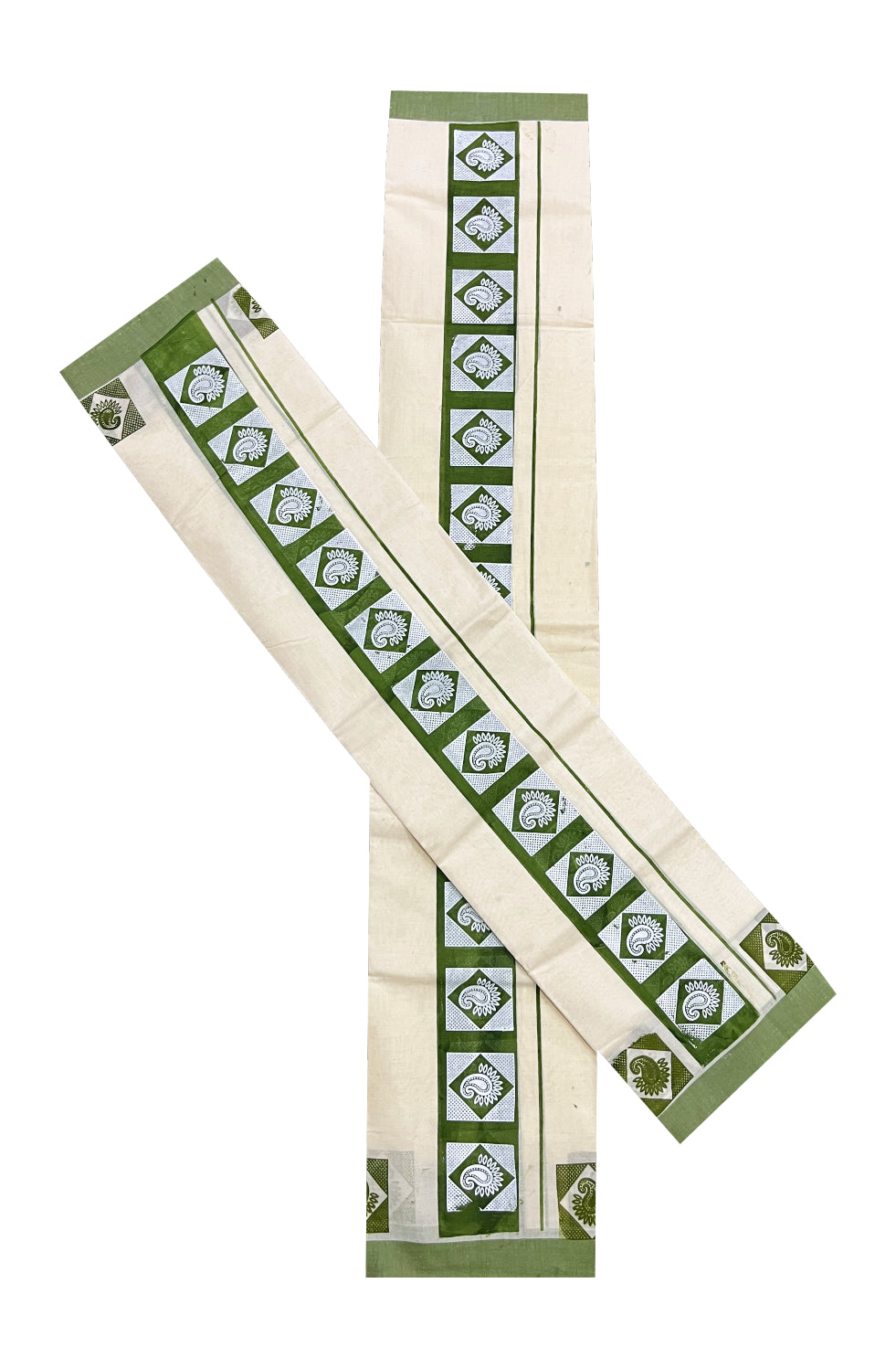 Kerala Cotton Set Mundu (Mundum Neriyathum) with White Block Prints on Green Border