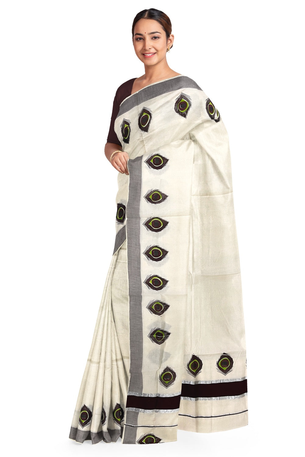 Pure Cotton Silver Kasavu and Dark Brown Border Kerala Saree with Feather Block Printed Design