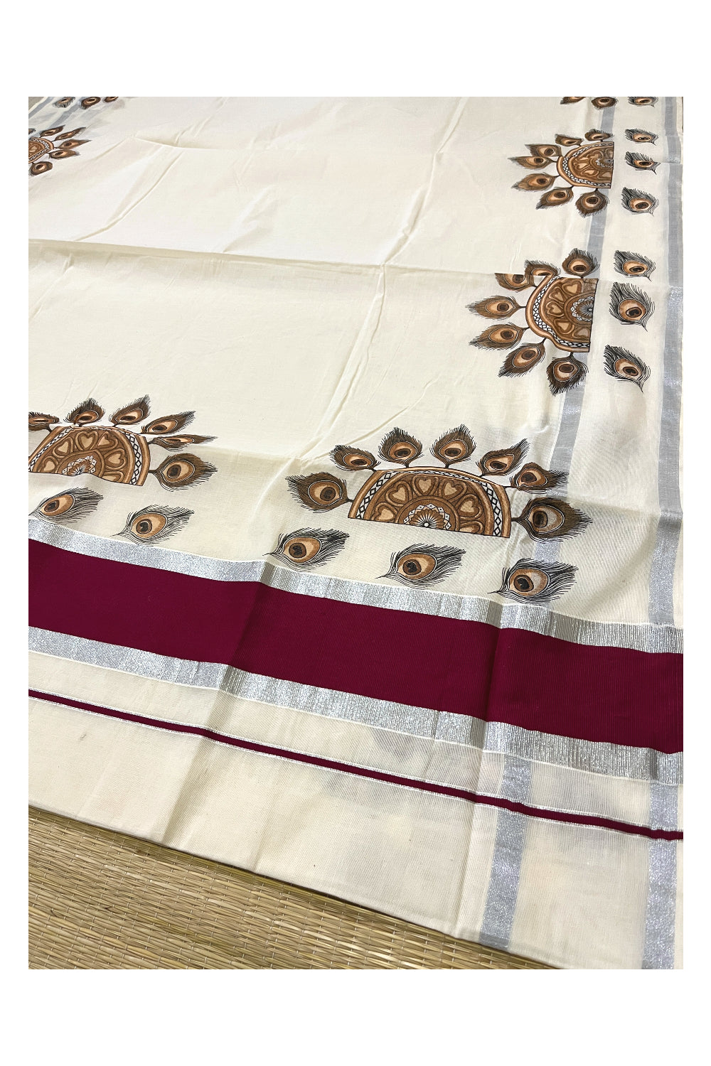 Pure Cotton Kerala Saree with Brown Peacock Feather Semi Circle Mural Prints and Silver Maroon Border