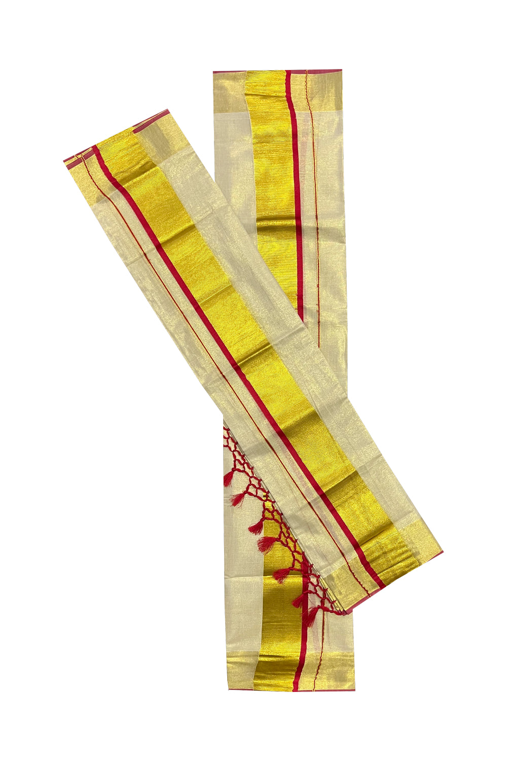 Kerala Tissue Kasavu Set Mundu (Mundum Neriyathum) with Kasavu and Red Border and Tassels Work