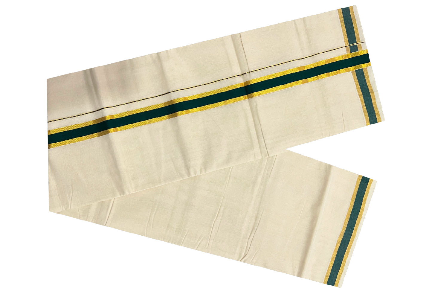 Southloom Balaramapuram Handloom Pure Cotton Mundu with Dark Green and Kasavu Border (South Indian Dhoti)